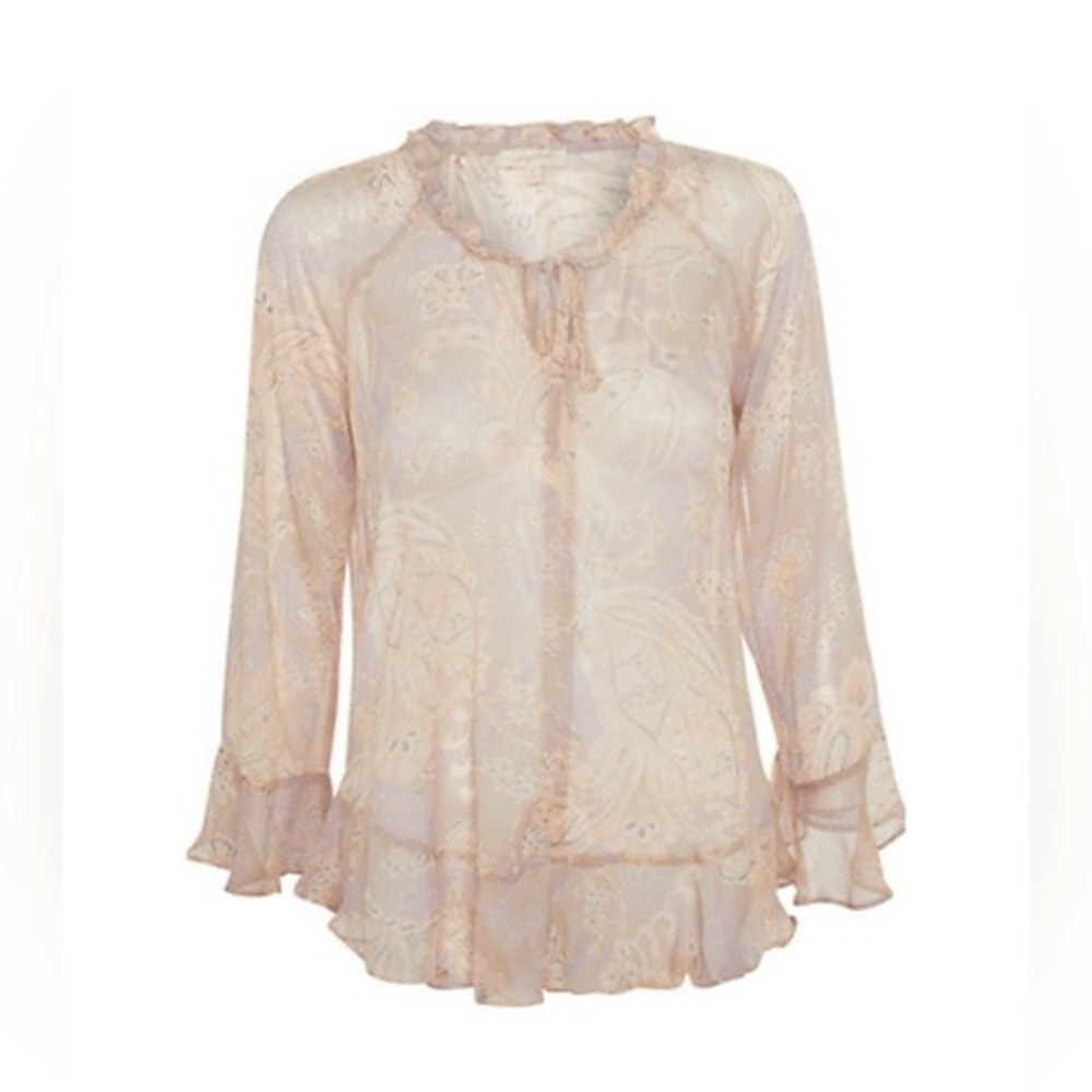 Mystic Paisley Floral Chiffon Long Sleeve Ruffle neck Top semi sheer small NWT